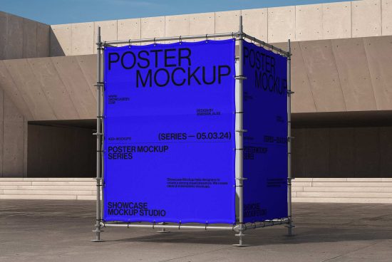 Poster mockup design in urban setting with bold blue background. Ideal for graphic designers to showcase posters. Keywords: Poster mockup, graphic design, showcase.