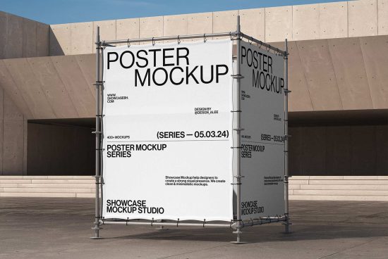 Outdoor poster mockup displayed on a scaffold structure against a minimalist concrete building backdrop, perfect for showcasing designs, templates, and graphics.