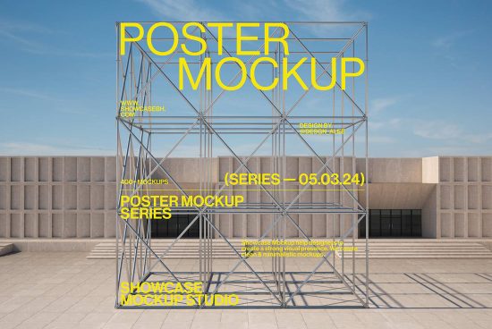 Poster mockup series in front of modern building design showcasing yellow typography for designers. Ideal for use in the mockups category on graphic assets site.