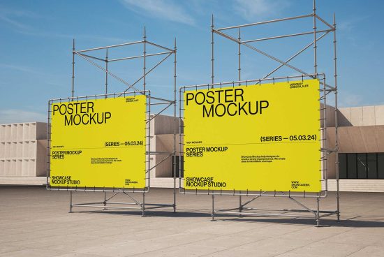Outdoor poster mockup featuring two large yellow posters on metal frames. Ideal for designers. Keywords: poster mockup, graphic design, showcase, template.