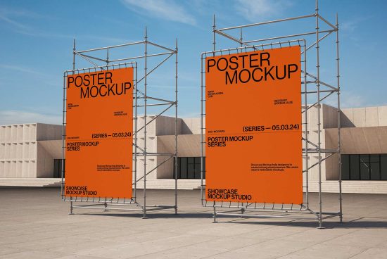 Outdoor poster mockup showcasing two large orange posters on metal frames in a modern urban setting. Ideal for designers needing realistic poster displays.