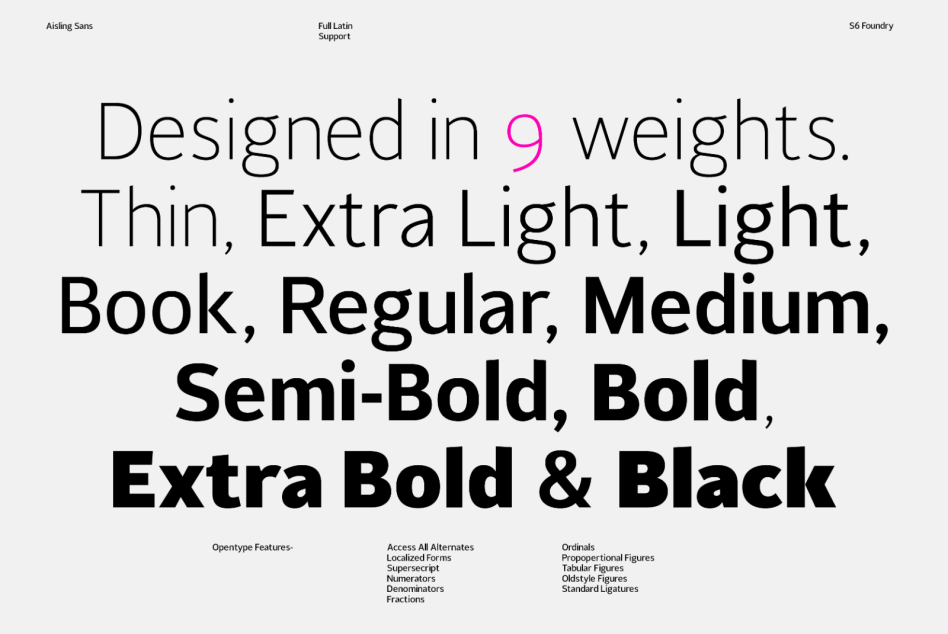 Aisling Sans typeface displayed in 9 weights from Thin to Black. Ideal for designers. Digital asset, typography, font, design resource, graphic design.