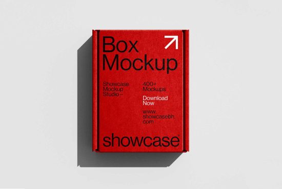 High-quality box mockup for designers featuring a red box with black text. Perfect for showcasing packaging designs. Templates, mockups, graphics.
