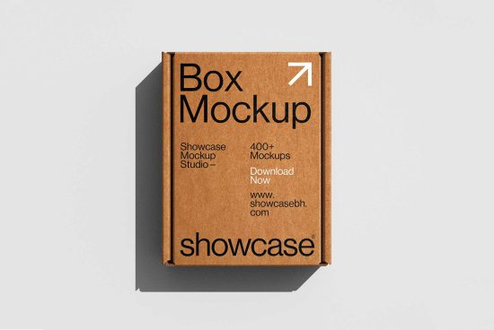 Cardboard box packaging mockup for download from Showcase Mockup Studio. Ideal for designers needing versatile box mockups. Download now from showcasebh com