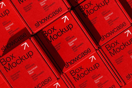 Red boxes arranged in a neat pattern displaying black text box mockup 400+ mockups download now suitable for showcasing packaging design templates for designers.