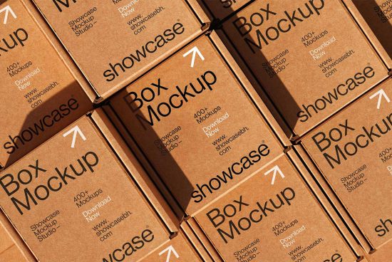 Stacked brown cardboard boxes with text Box Mockup 400+ Mockups Download Now Showcase Mockup Studio. Keywords: mockups, packaging templates, graphic design.