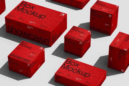 Red box mockups for packaging design, showcasing various sizes and perspectives. Ideal for designers seeking high-quality presentation templates for their projects.