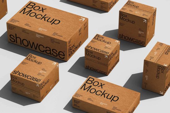 Cardboard box mockup collection showcased on a light background suitable for packaging design projects an essential asset for designers in the Templates category.