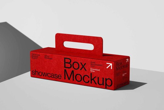 Box mockup template with handle in red color, featuring bold black text. Ideal for showcasing packaging design. Perfect for designers seeking realistic mockups.