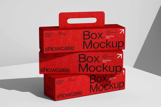 Red box mockup with handle suitable for packaging design presentations stack of three boxes on a flat surface shadowed background ideal for designers