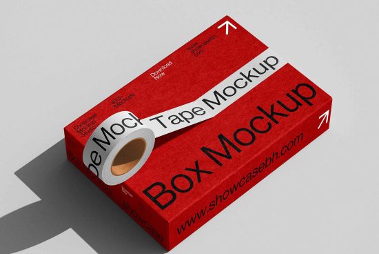 Box and tape mockup featuring red packaging for designers. Perfect for showcasing stationery and branding designs. Keywords: mockup, packaging, design asset.