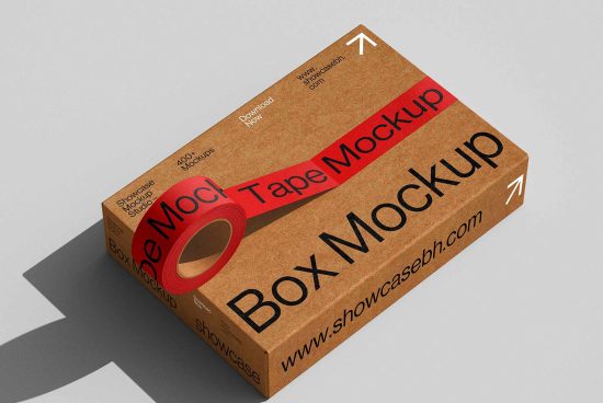Box Mockup design showcasing red tape for packaging on a cardboard box, ideal for designers creating realistic shipping graphics and branding templates.