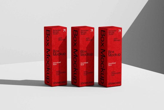 Red box mockup template showing three vertical boxes with text and graphics, perfect for designers creating packaging designs. Professional, high-quality mockup.