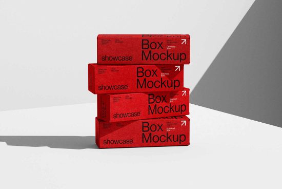 Stack of four red boxes labeled Box Mockup suitable for showcasing package design templates ideal for digital assets marketplace for designers.