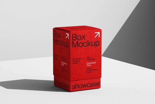 Red box mockup against a minimalistic background suitable for packaging design. Perfect for designers seeking high-quality product presentation templates.