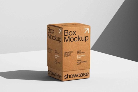 Cardboard box mockup for packaging design showcasing fonts and graphics in a studio setting. Perfect for designers seeking realistic mockup templates.