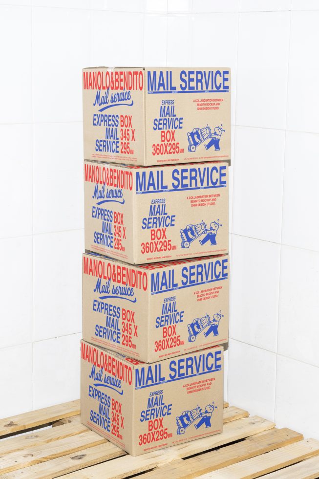 Stacked cardboard boxes with Mail Service branding in red and blue ink, on a wooden pallet. Packaging mockup, shipping boxes, product design, graphic template.