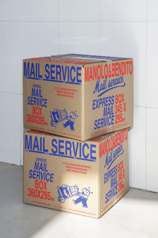 Stacked cardboard mail service boxes with red and blue text, ideal for mockup projects, showcasing package design and branding for designers.