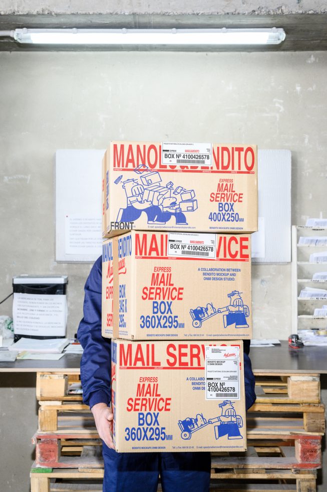 Man holding stacked mail service boxes mockup for templates, graphics, packaging designs. Ideal for showcasing shipping, delivery, and logistic branding projects