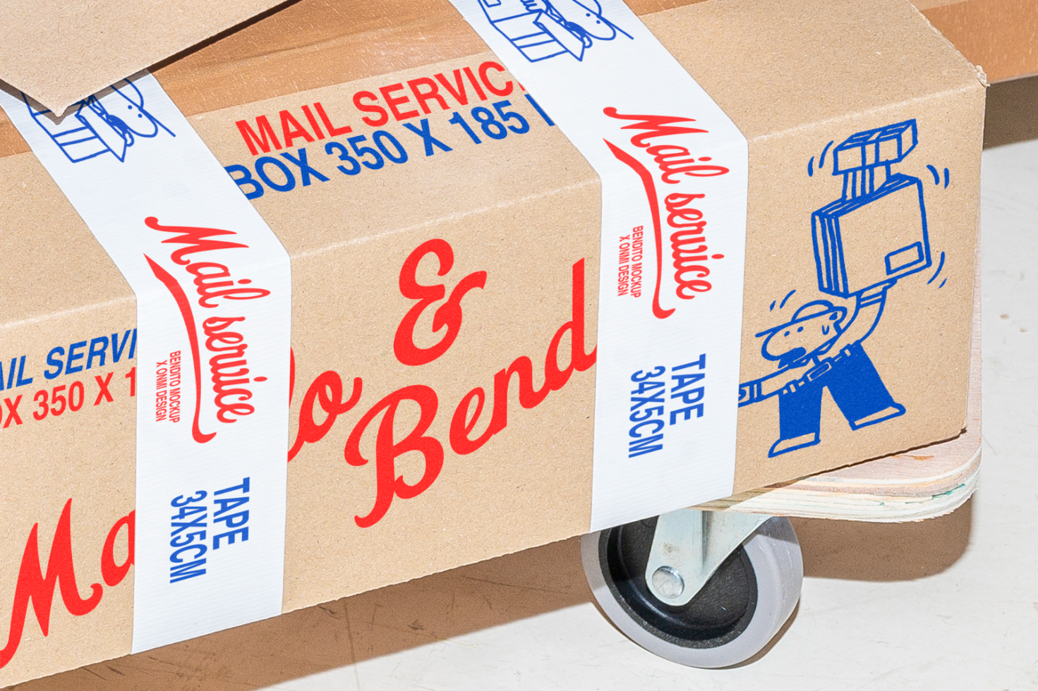 Cardboard box mockup with colorful mail service tape and playful graphics showcasing Mail Service branding. Ideal for designers needing packaging templates.