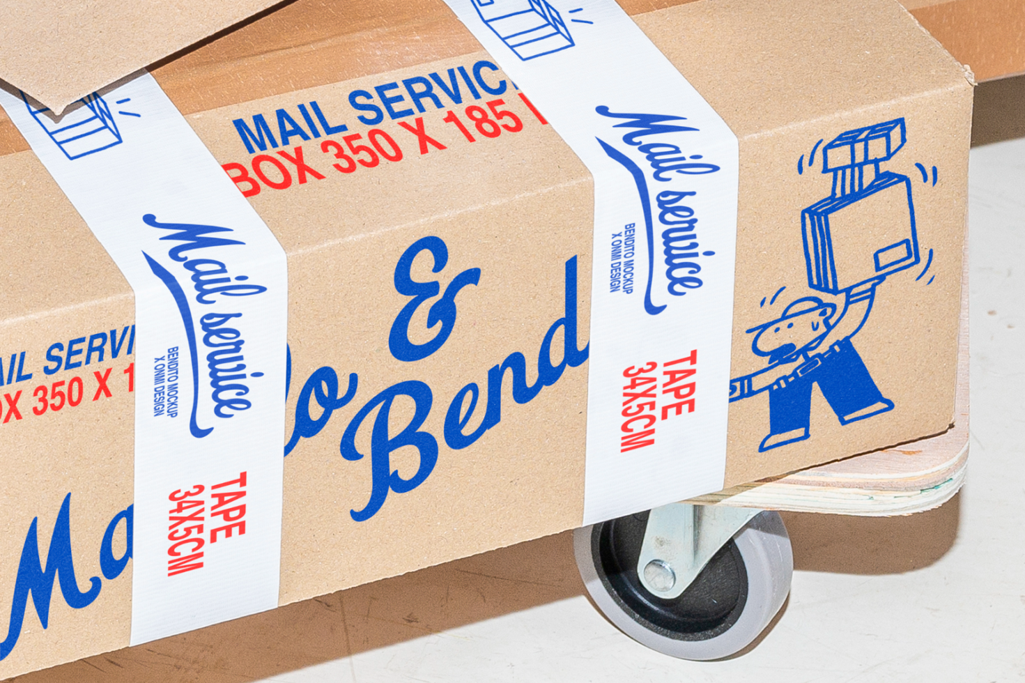 Cardboard boxes with Mail Service tape 3.4X5CM and cartoon illustration for mail service branding design mockup, ideal for templates and graphics.