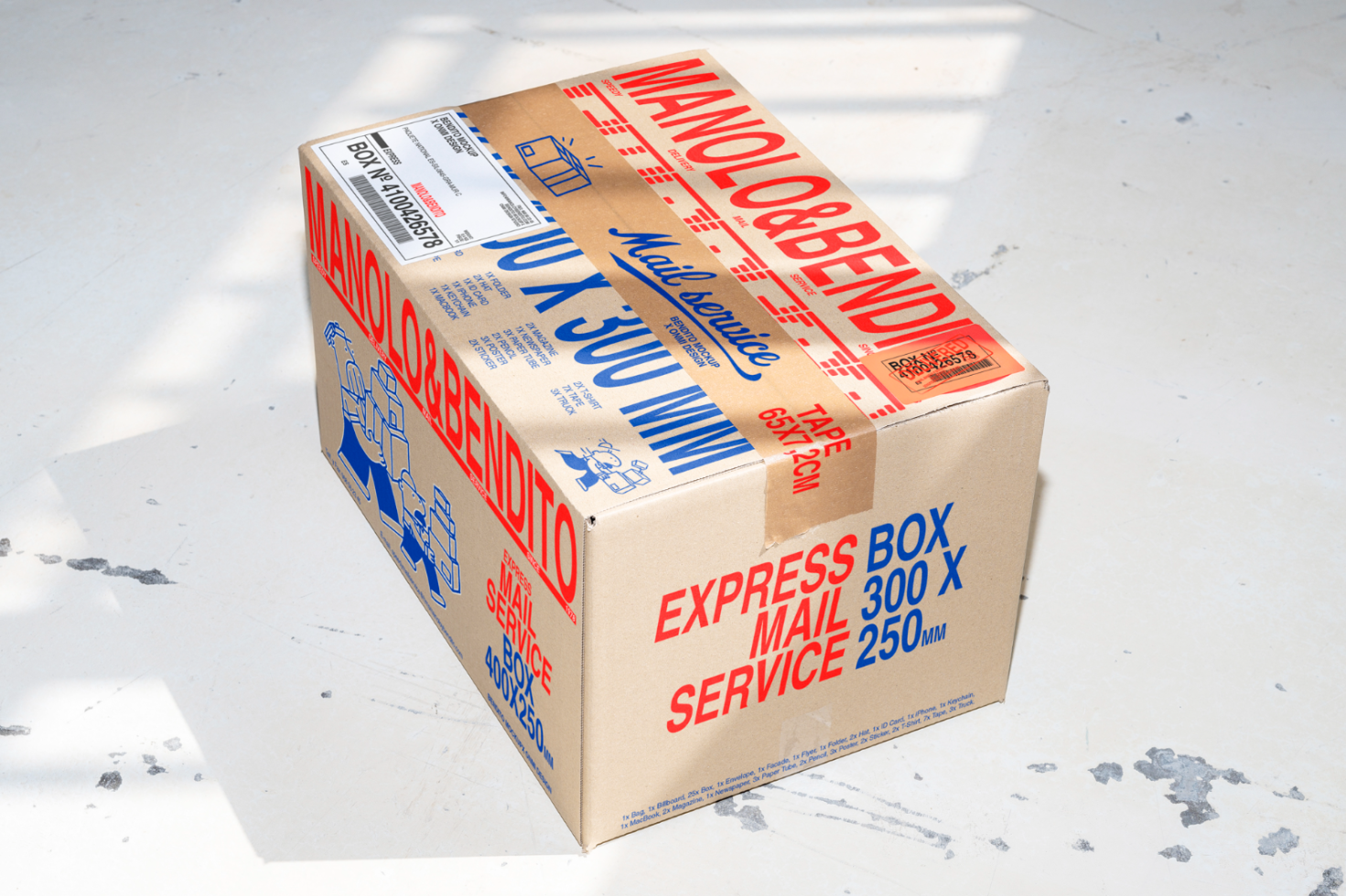 Cardboard box mockup with bold red and blue print on white background, showing dimensions and express mail service, suitable for packaging design projects