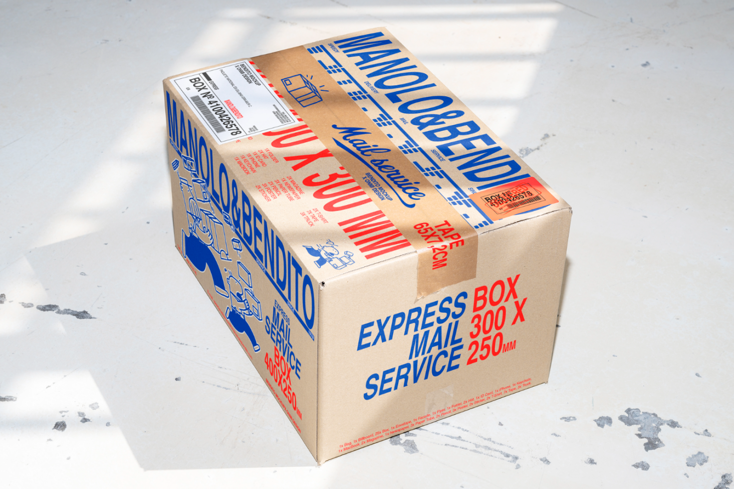 Express mail service box on a concrete floor. Ideal for packaging mockups, product design templates, and graphic design projects for designers.