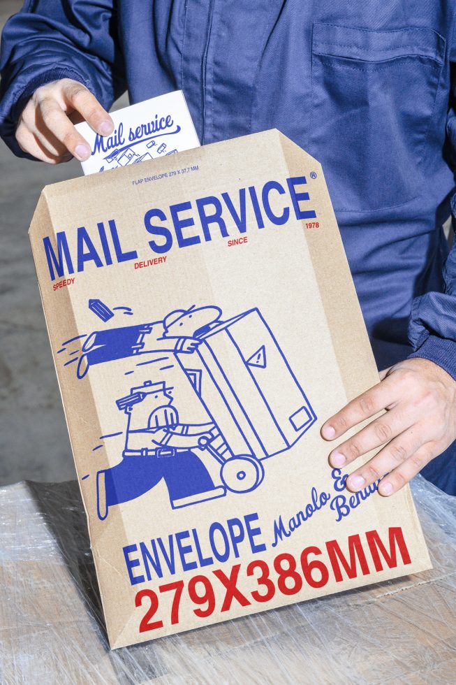 Person in blue work jacket holding large brown mail envelope with blue and red typography reading Mail Service and 279x386mm. Ideal for mockups, graphics designers