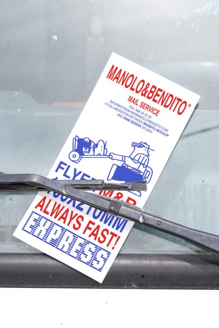 Flyer mockup on car windshield showcasing mailbox service flyer design in bright red and blue colors great for designers, templates, mockups.