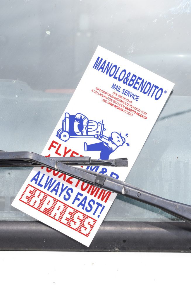 Flyer placed under a car windshield wiper showcasing a postal service mockup template in blue and red text on a white background; design asset for creators