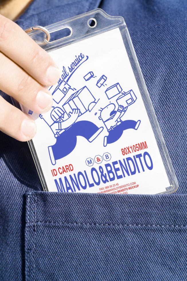 Mockup of a person holding an illustrated ID card in a plastic holder, featuring playful graphics and bold blue text. Perfect for designers. Template mockup ID card