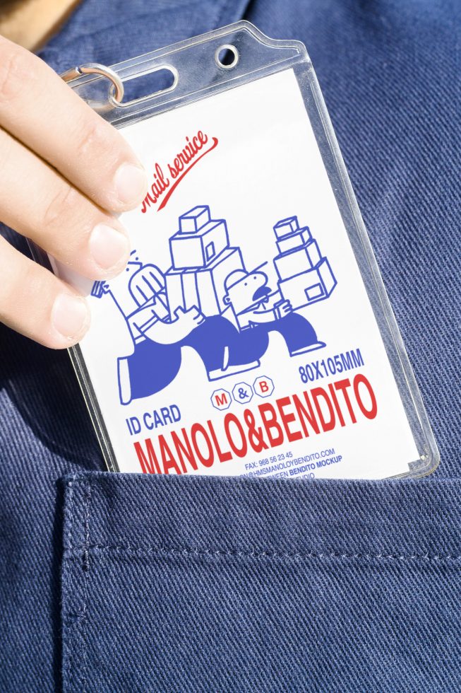 Close-up of a hand placing a postal service ID card mockup with playful illustrations into a blue shirt pocket perfect for designers and mockup templates enthusiasts