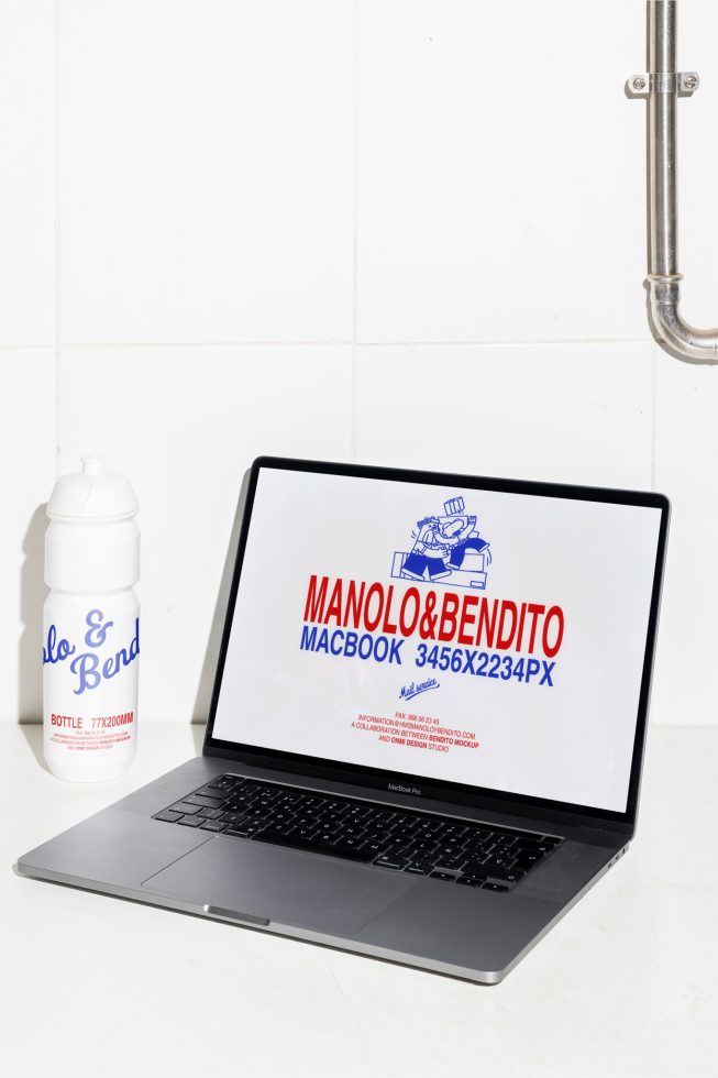 MacBook mockup with white bottle showcasing Manolo and Bendito branding. Ideal for designers wanting high-quality laptop and bottle graphics for digital assets.