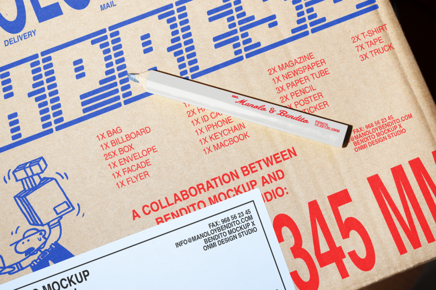 Cardboard box featuring blue and red print design elements, a white pencil, and text. Ideal for packaging mockup designers and graphic design digital assets.