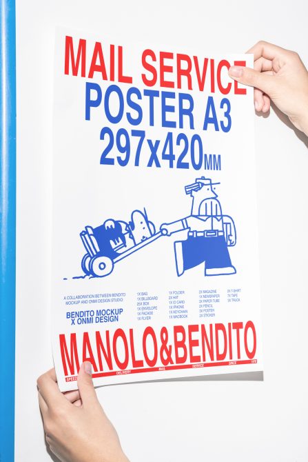 Hands holding A3 poster mockup with red, blue retro mail service design, cartoon postal worker illustration