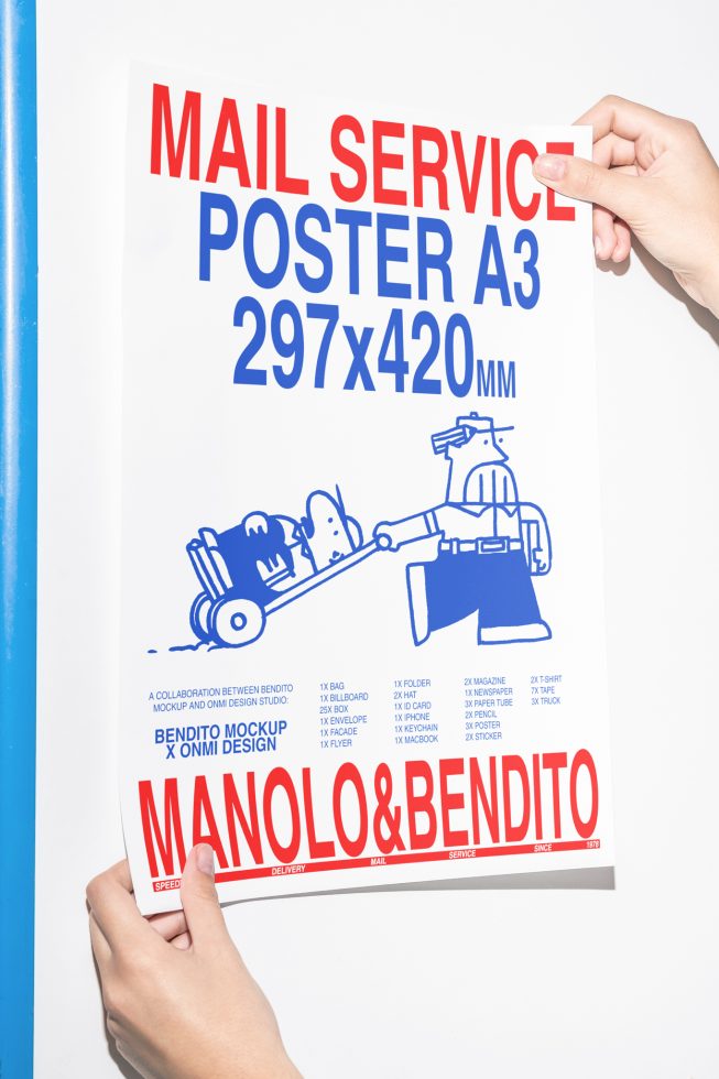 A person holds an A3-sized poster mockup for designers featuring bold red and blue text Mail Service Poster A3 297x420 MM suitable for templates or graphics.