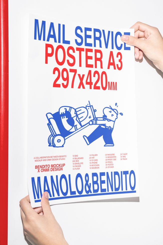 A3 poster mockup featuring bold blue and red text promoting mail service. Includes a cartoon illustration and mentions collaboration between Bendito Mockup and Onmi Design.