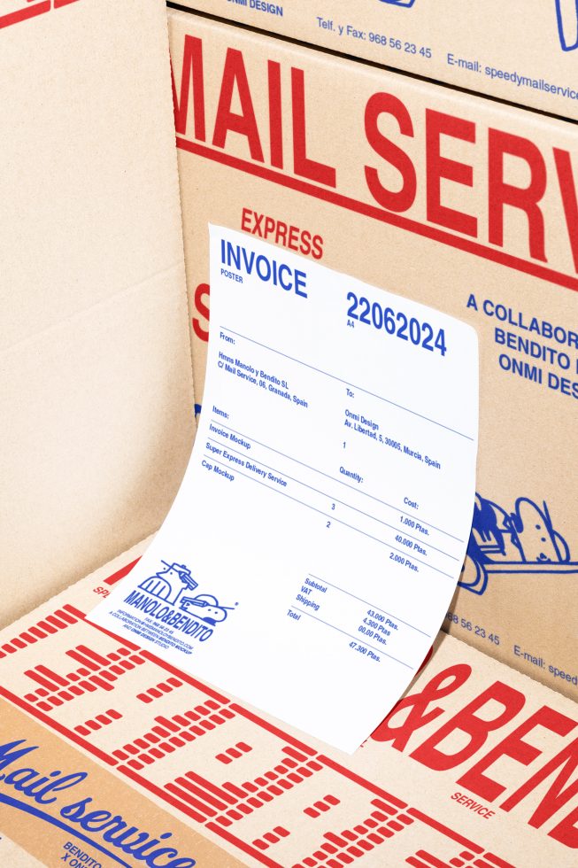 Invoice mockup with detailed layout placed on cardboard shipping boxes. Ideal for designers creating realistic business document presentations and templates.