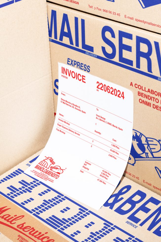 Mockup of a printed invoice resting on cardboard packaging with mail service branding, ideal for showcasing invoice designs or postal service-related projects.