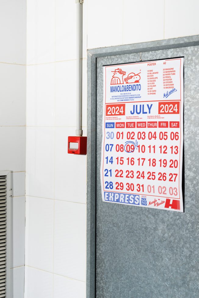 Wall calendar mockup for July 2024 in red and blue, displayed on a metal door, includes dates circled and detailed product information; mockups, templates, design assets