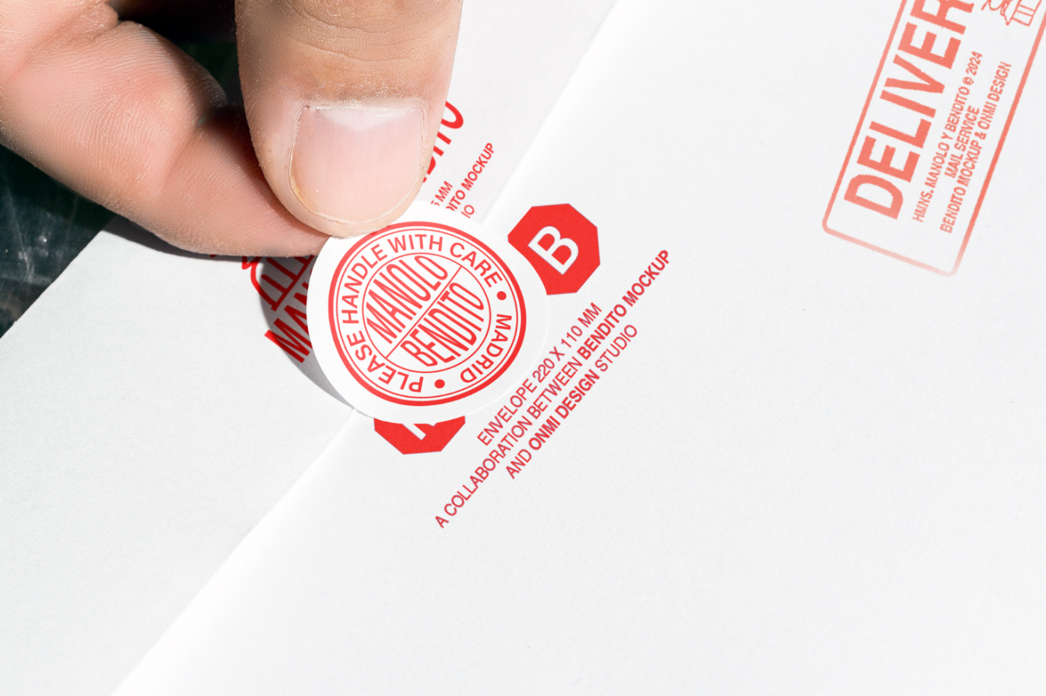 Mockup of a hand placing a round red and white sticker with the text Please Handle With Care on an envelope. Ideal for designers seeking packaging mockups.