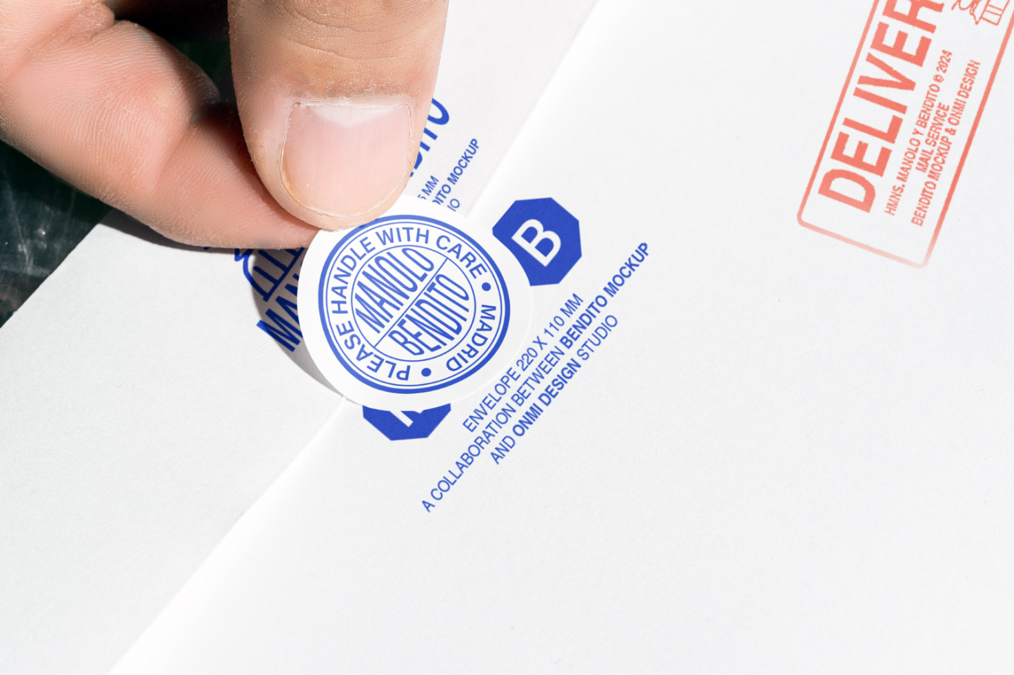 Close-up of a hand placing a sticker on a white envelope mockup with blue and red text, alongside design details. Graphic design and mockup template.