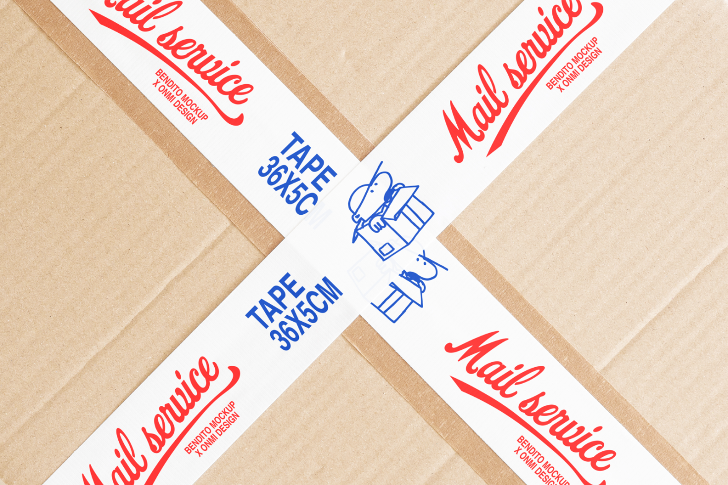 Cardboard box with custom mail service tape branding mockup showcasing designer tape graphics and text for designers creating packaging templates.