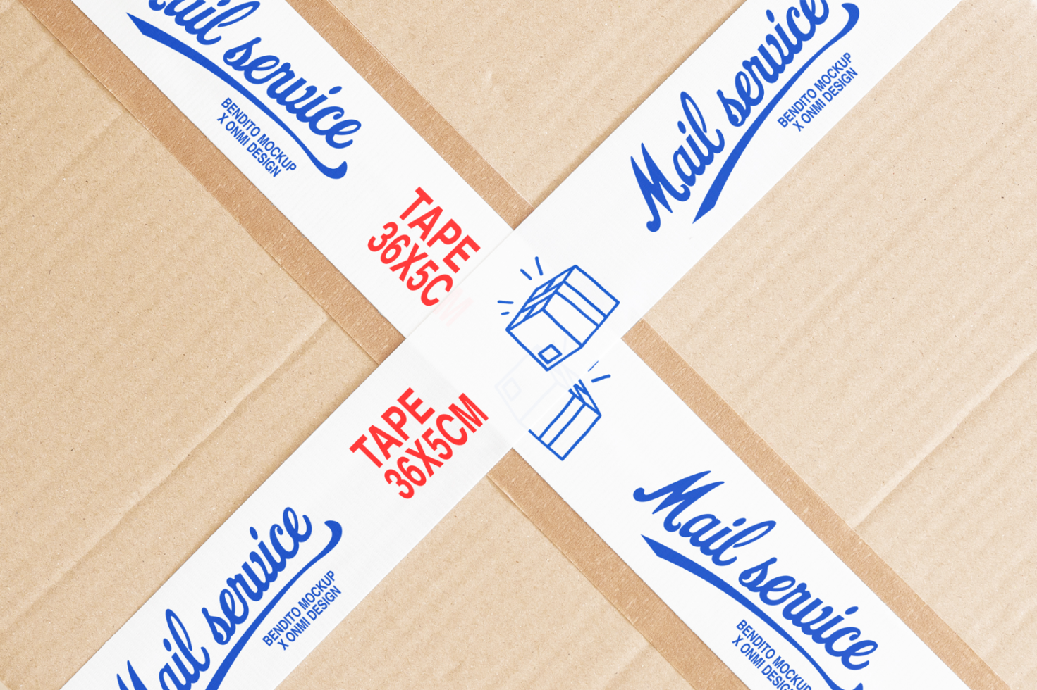 Cardboard box mockup with custom mail service tape design overlapping in a cross pattern. Packaging design, mockup template, and shipping graphics.