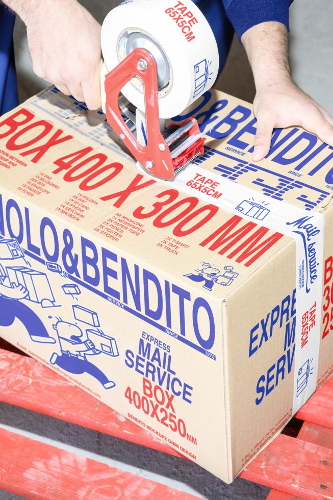 Person sealing a cardboard box with branded tape labeled 65x5 cm. The box features blue and red typography promoting an Express Mail Service. Mockups, templates.