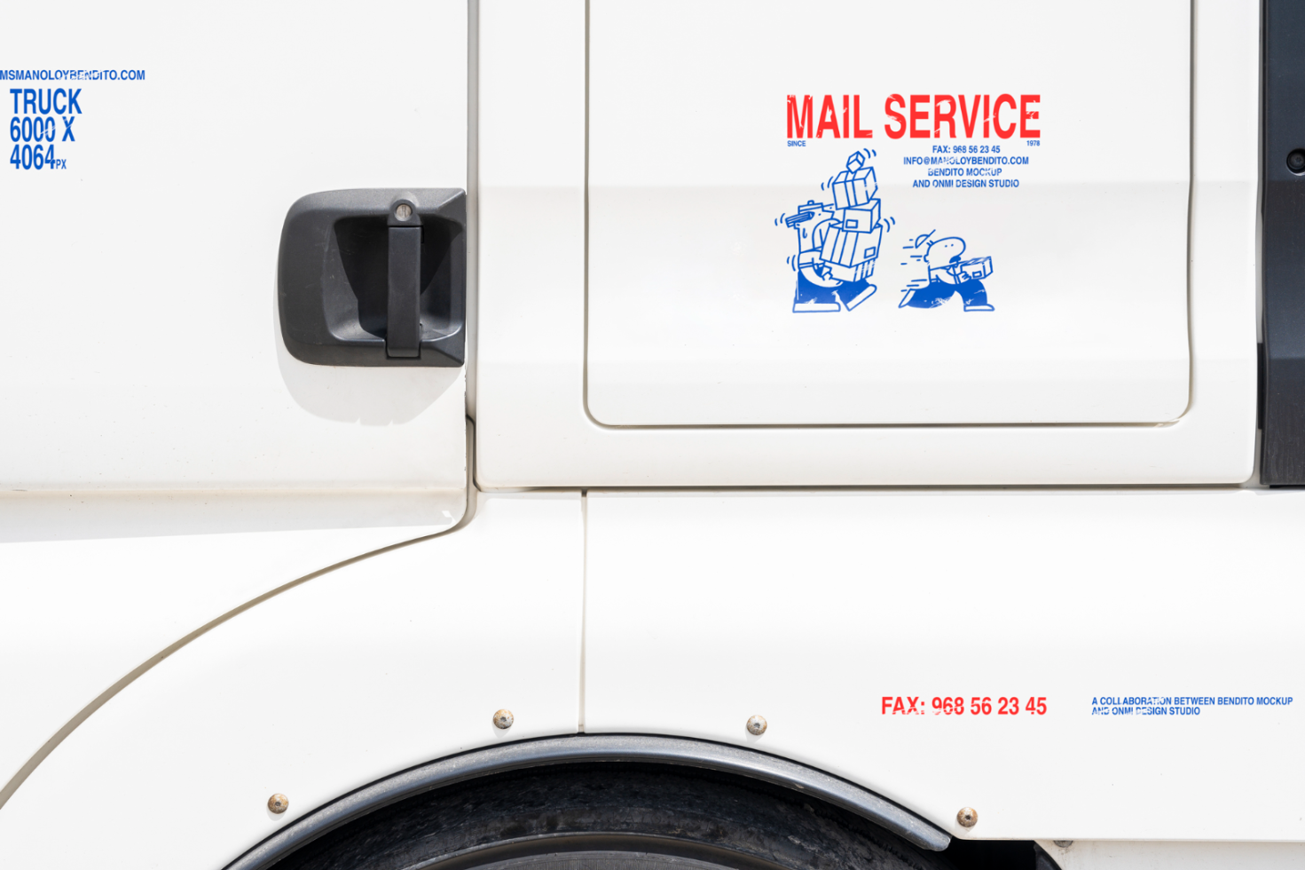 Close-up of a white mail service truck door with logo and text, featuring illustrations and contact details; perfect for a mockup asset for designers.