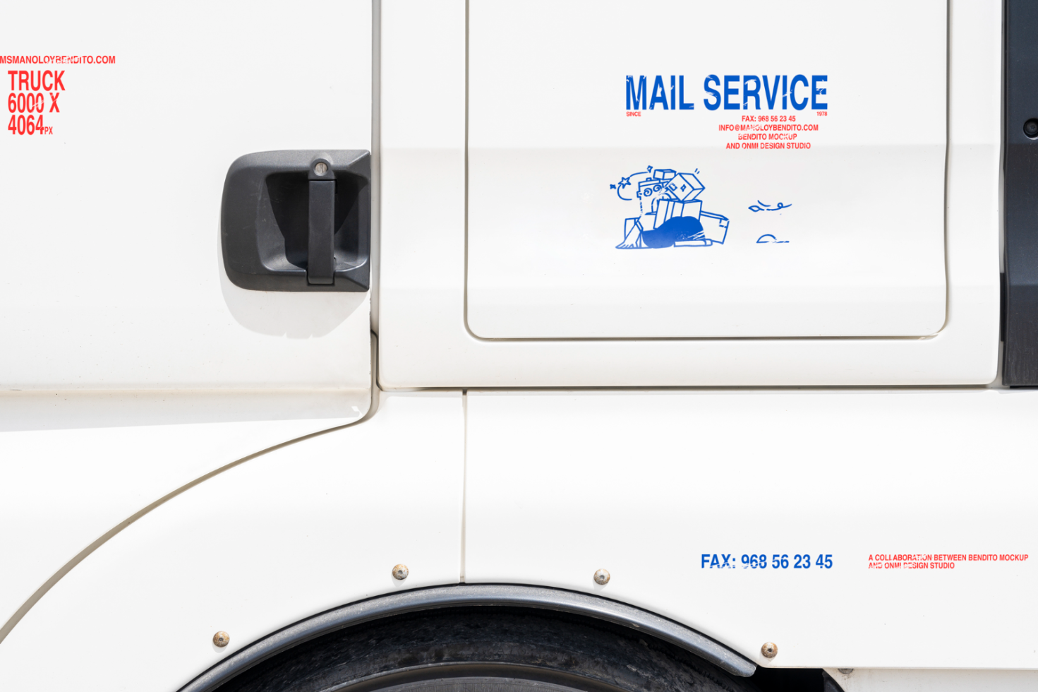 Truck door with mail service branding mockup graphic for designers. Includes text, handle, and wheel arch; ideal for showcasing vehicle design projects.