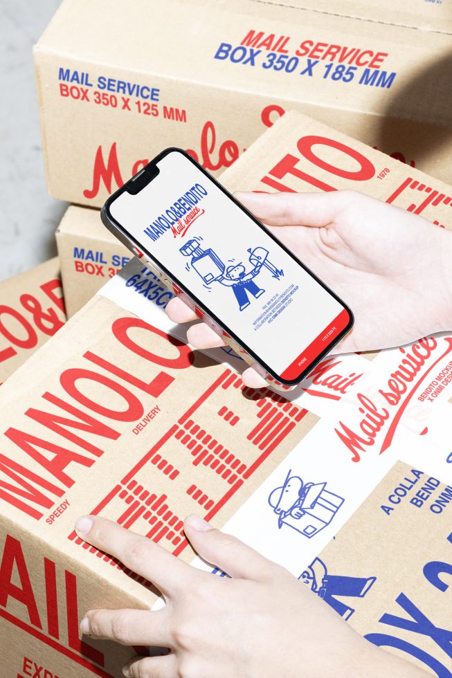 Stacked cardboard boxes labeled with mail service, and person holding phone displaying delivery app. Ideal for designers creating mockups or email templates.