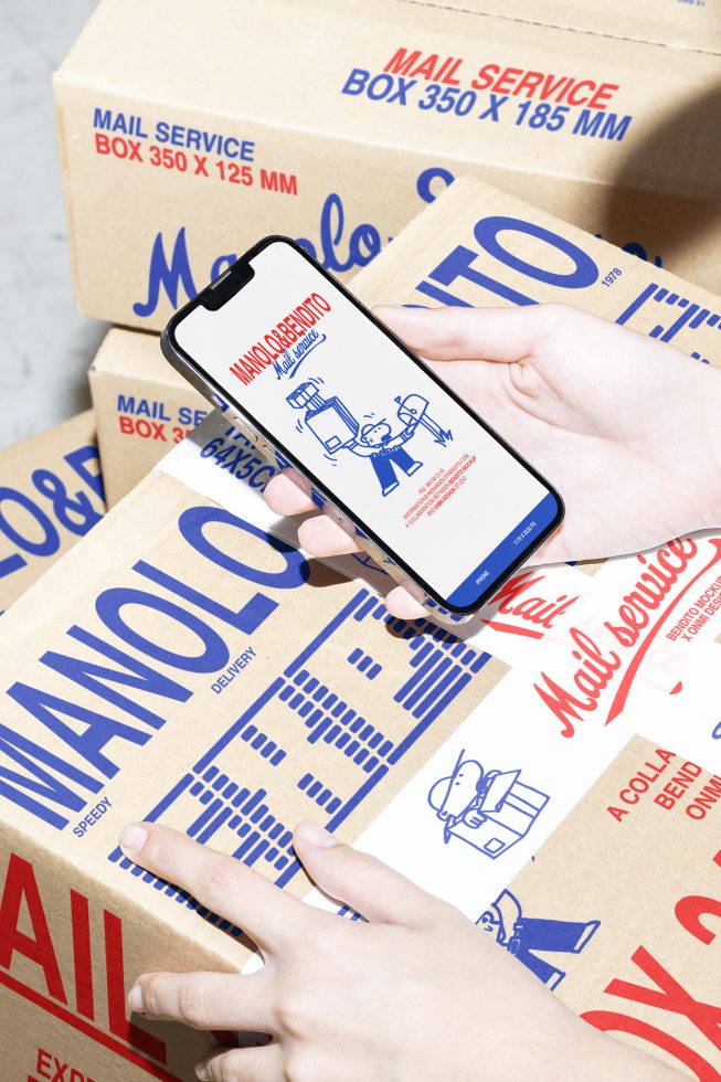 Mockup of a hand holding a smartphone displaying a delivery app, with cardboard boxes stacked in the background labeled mail service, shows modern packaging design.