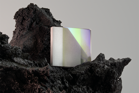 Modern book mockup with metallic and iridescent cover design set against a textured rock background for designers seeking innovative presentation templates